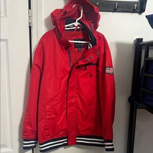U.S. Polo Assn. Men’s Red Hooded Raincoat with Striped Trim